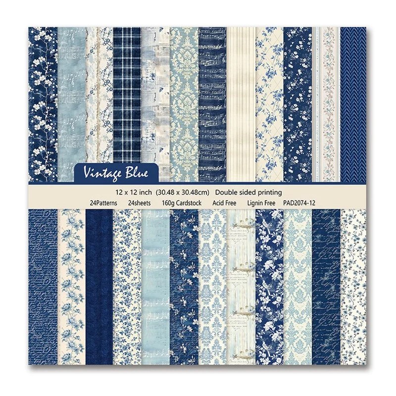 24 Sheets of Vintage Blue Floral Chinese-Style Blue And White Porcelain Scrapbook Paper, Double-Sided, 12X12 Inches, Featuring Various Patterns, Suitable for Photo Albums And Ledger Design Craft Paper, Gift Wrapping Paper, fo