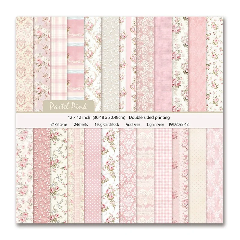 24pcs Vintage Pink Floral Striped Scrapbook Paper, Double-Sided Retro Pattern Cardstock for DIY Crafts, Photo Albums, Journal Decor, Gift Wrapping, 12x12 Inches, Scrapbooking Supplies