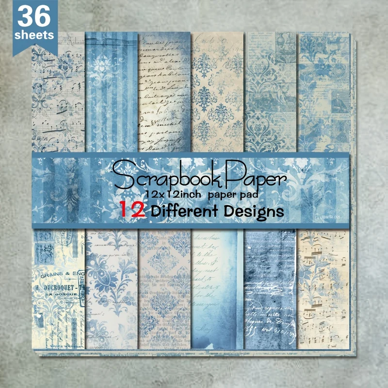 36 Sheets 12"x12" DIY Scrapbook Paper, Blue Flower Material Paper Colorful Decorative Gift Scrapbooking Supplies Kit Aesthetic Decorative Gift Wrapping Album Paper Craft Supplies
