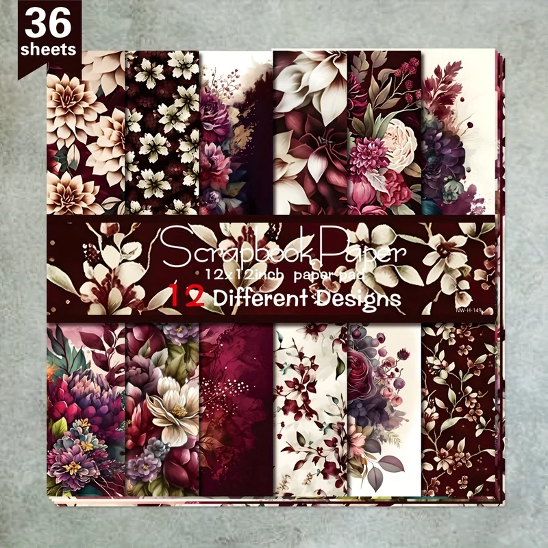 36 Sheets 12"x12" DIY Scrapbook Paper, Deep Purple Flower Blossoms Material Paper Colorful Decorative Gift Scrapbooking Supplies Kit Aesthetic Decorative Gift Wrapping Album Paper Craft Supplies