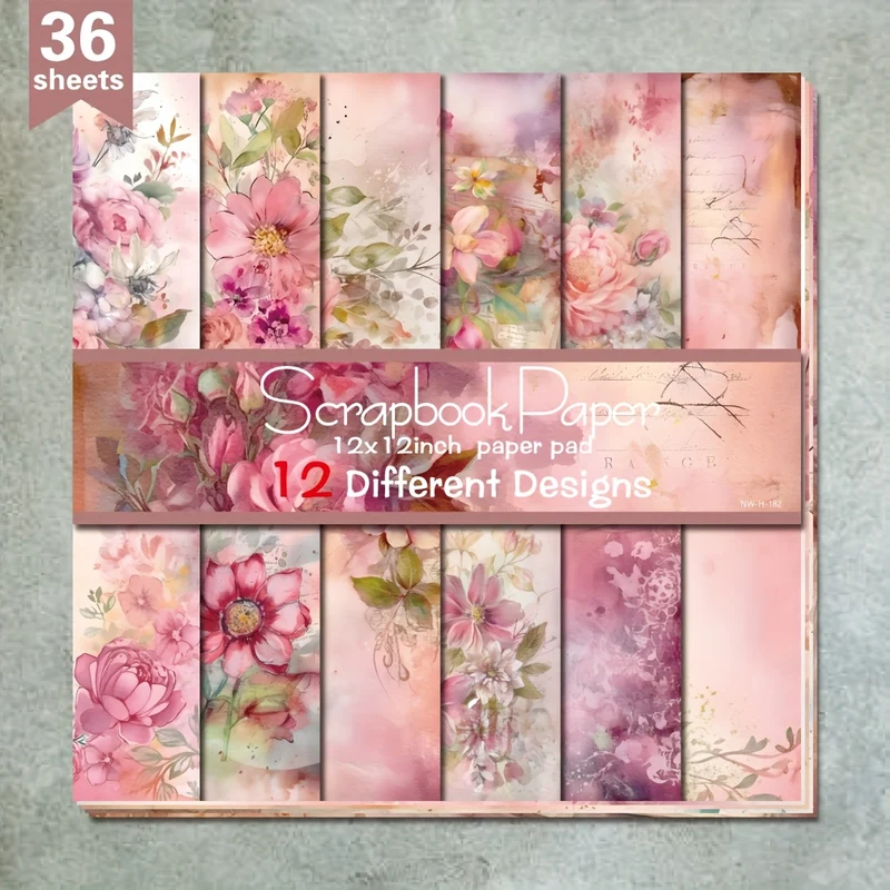 36 Sheets 12"x12" DIY Scrapbook Paper, Pink Oil Painting Flower Material Paper Colorful Decorative Gift Scrapbooking Supplies Kit Aesthetic Decorative Gift Wrapping Album Paper Craft Supplies