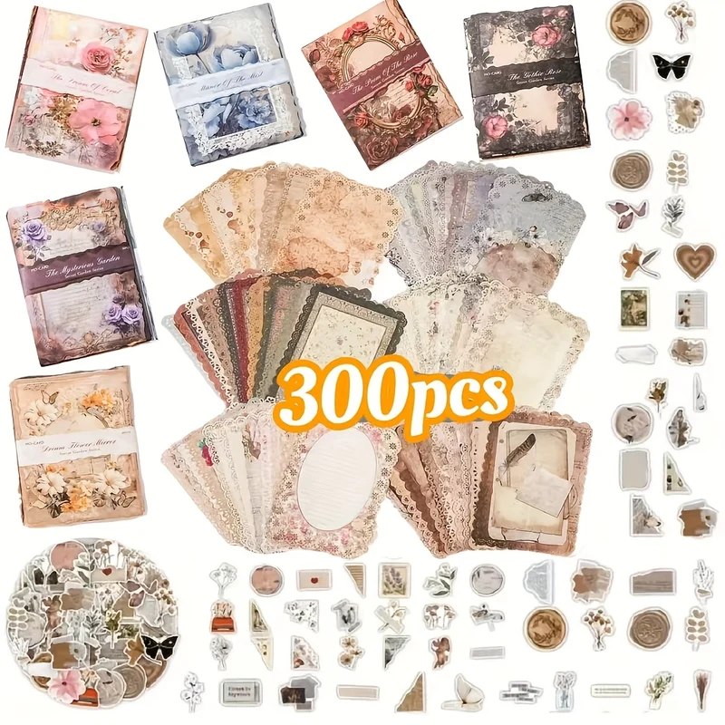 300pcs Of Rose Paper/lace Edge Decoration Note Paper (240 Sheets)+retro Stickers (60 Sheets) Diary Material Set - Retro Photo Collage Background Art Paper, Suitable For Handmade And Handicraft DIY Background Paper, Crafts And