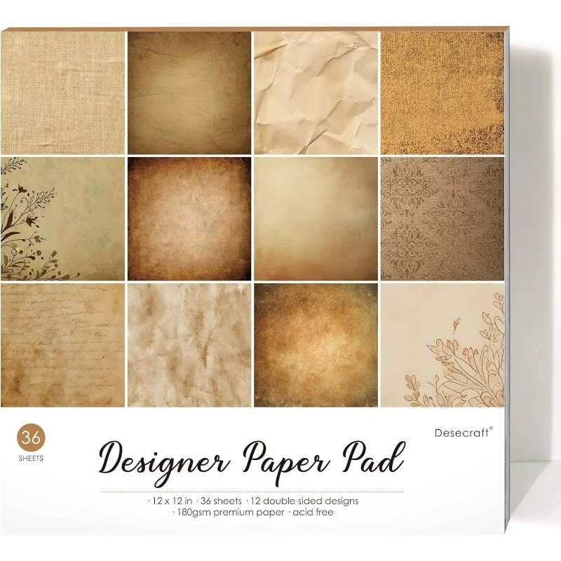 36 Sheets Vintage Border 12x12 Scrapbook Paper - 12 Unique Textured Patterns, & Brown Retro Cardstock with Floral, Stripes, Polka Dots, Hearts & Borders for Card Making, Scrapbooking, Junk Journals - Durable Polyester Craft P
