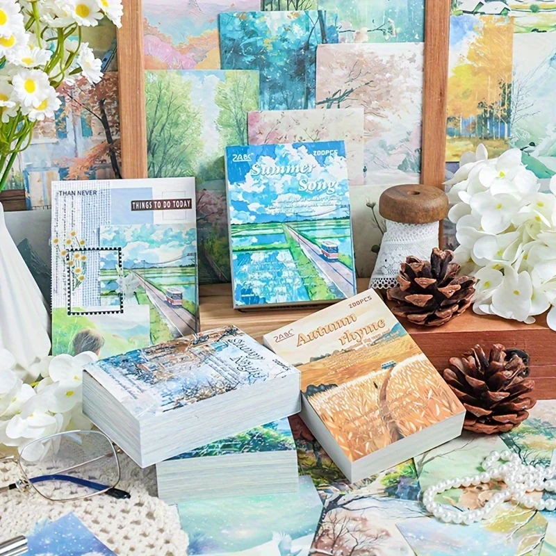 800 Sheets (4 Book) Retro Four Seasons Themed Scrapbook Papers, No Stickiness Writable Memo Pad, Aesthetic Decorative Paper for Notebook, Journaling DIY Craft (200 Sheets/Book)