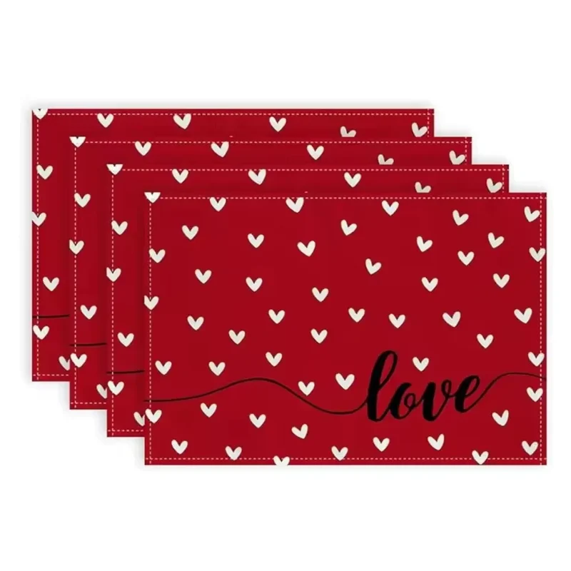 4PCS Valentine's Day Placemats 30*45cm Linen Red Love Hearts Table Mats 12x18 Inch Anniversary Wedding Kitchen Dining Decoration