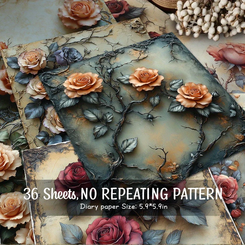 36 Sheets of Dark Rose Silver Thorn Ling Paper Scrapbook Paper, Decorative Paper Suitable for Background Decoration Handmade Garbage Diary And Other Scenes