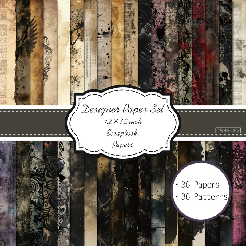 36 Sheets 12x12 Inch Scrapbook Paper Pad - 36 Unique Designs, Premium Cardstock for DIY Crafts, Scrapbooking, Card Making & Decorative Backgrounds - Retro Crow & Gothic Art Patterns, Scrapbooking Supplies