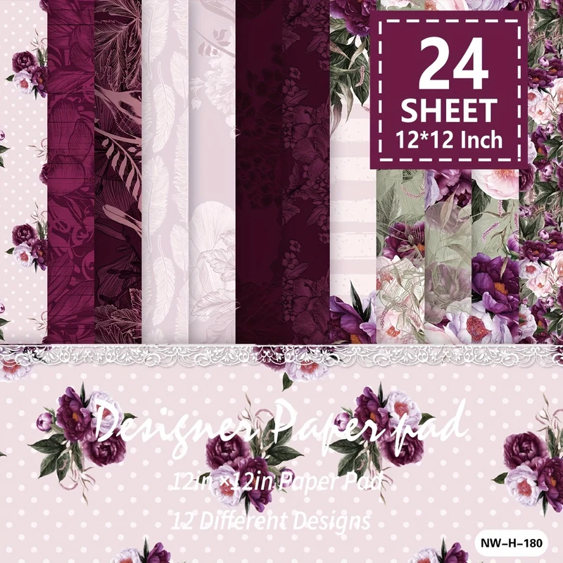 24 Sheets 12"x12" Purple Floral Scrapbook Paper Pack - 12 Assorted Patterns, Premium Quality Crafting Paper for Junk Journals, Gift Wrapping, Album & Planner Backgrounds, DIY Projects