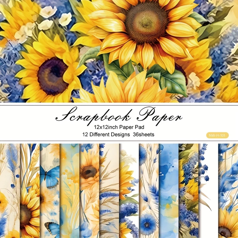 [Colorful Scrapbook Paper] 36 Sheets 12"x12" Colorful DIY Scrapbook Paper | Aesthetic Decorative Material, Gift Wrapping, Craft Supplies, Scrapbooking Kit, Album Paper - Sunflowers