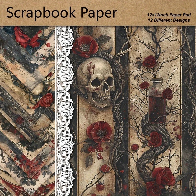 36 Sheets 12"x12" DIY Scrapbook Paper, Wall Material Gift Wrapping Colorful Decorative Gift Scrapbooking Craft Supplies Craft Supplies Supplies Kit Aesthetic Decorative Album Paper Material Paper -Skeleton Rose