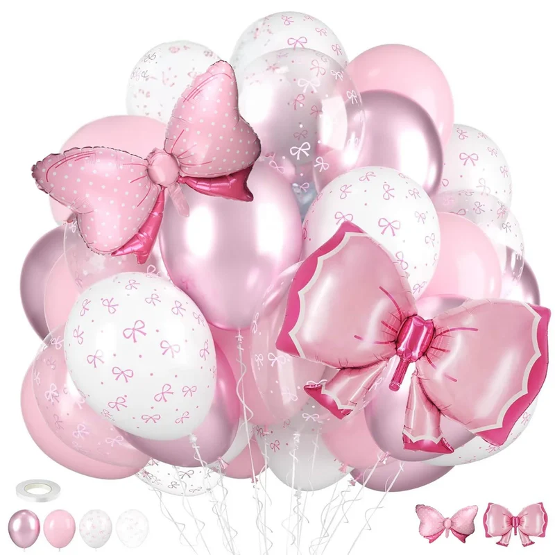 Bow Balloons, Light Baby Pink White Clear Pastel Balloons with Bow Foil Balloon for Girl Princess Bridal Birthday Party Supplies