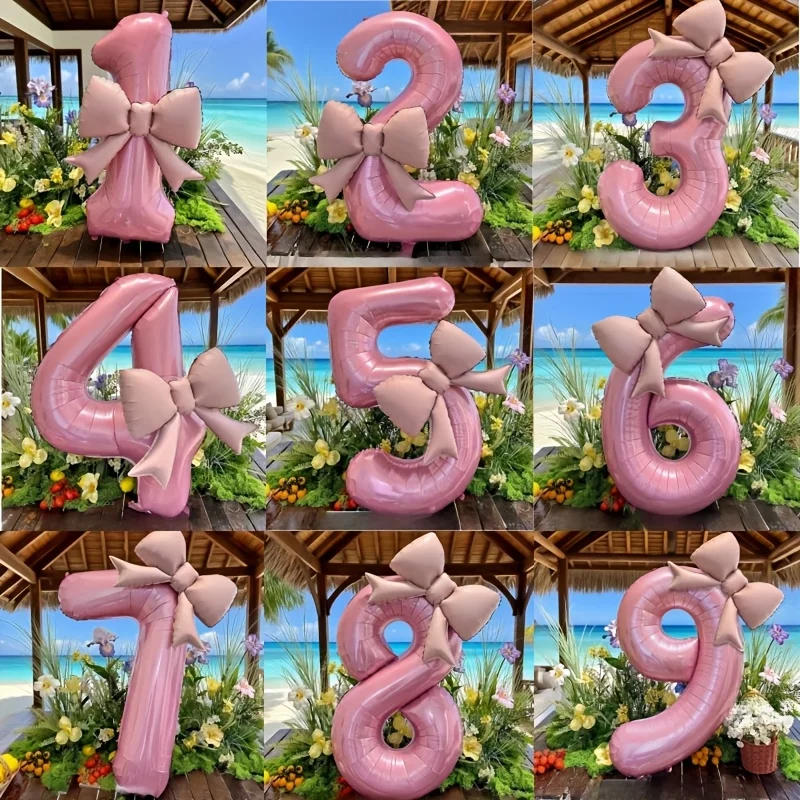 2pcs Large Matte Bow Balloons in Pink Numerical Shape, Suitable for Birthday Parties, Weddings, Anniversaries,Romantic Balloons
