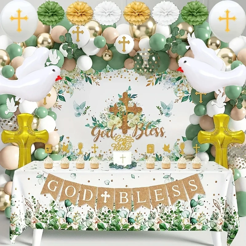 124 Pcs The First Balloon Set with A Communion Theme, Suitable for Baptism Parties Birthday Anniversaries Spring and Summer