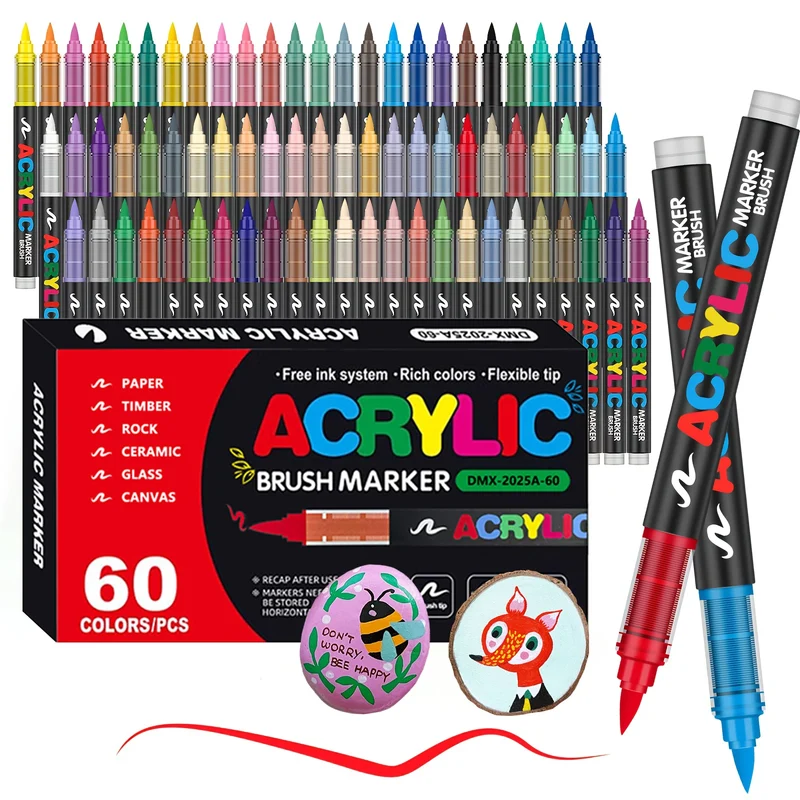 Acrylic Markers Brush Tip Paint Marker 12-72 Colors Acrylic Paint Pen for Rock Canvas Wood Ceramic Adult Coloring DIY Crafts