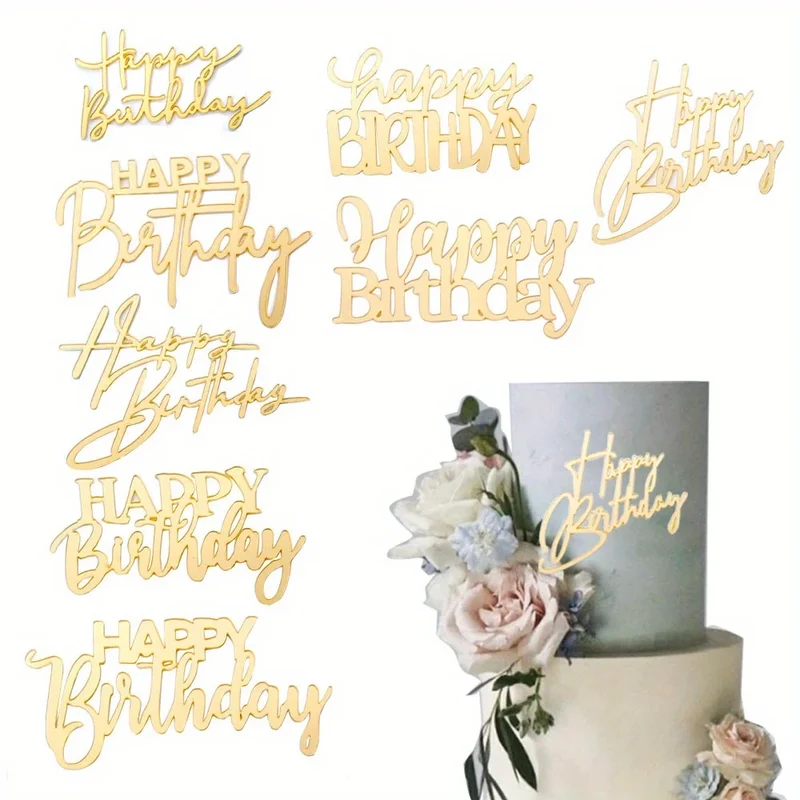 8pcs Acrylic Cake Topper Set Happy Birthday Cake Topper Side Decorations for Party Cakes