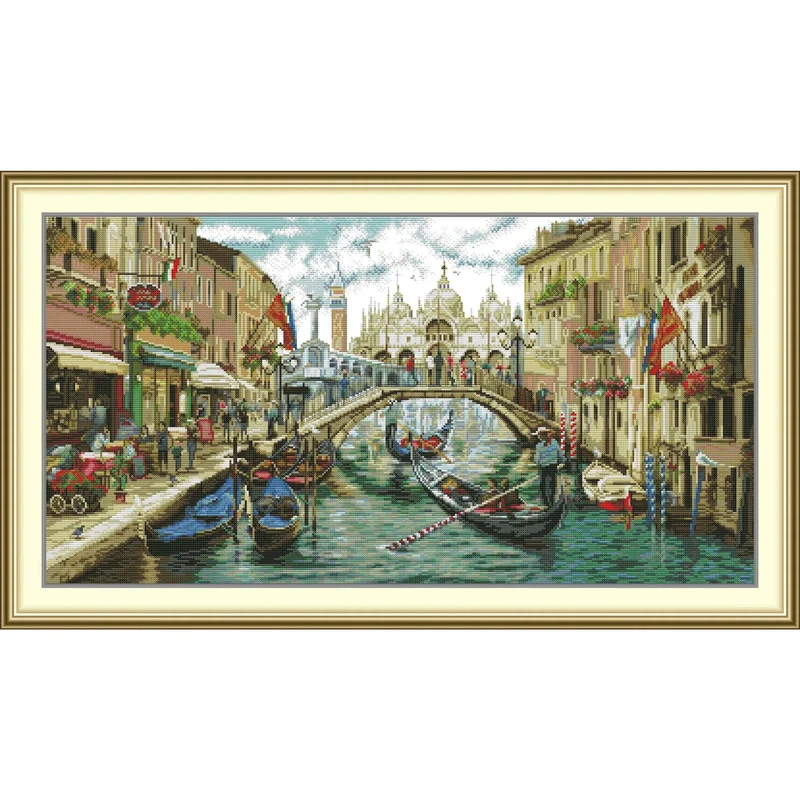 Joy Sunday Pre-printed Cross Stitch Kit Easy Pattern Aida Stamped Fabric Embroidery Set-Venice Street Scene