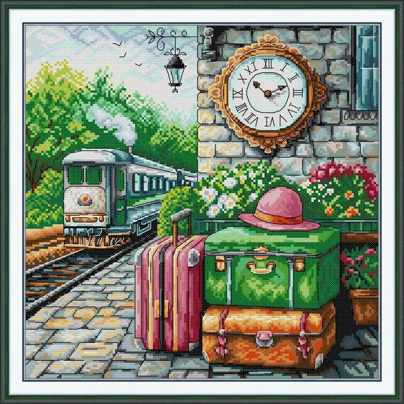Joy Sunday New Stamped Cross Stitch Ki,11CT/14CT/16CTDIY Easy Pattern Aida Fabric Embroidery Set-Train Travel