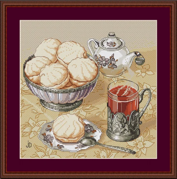 Embroidery Cross Stitch Kits Craft DIY Needlework Cotton Canvas 18- Cookies and Tea 35-34 32CT 28CT Metallic aida