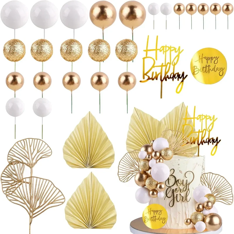 White Gold Balls Cake Toppers with Gold Palm Leaves Boho Birthday Cake Decoration Balloon Cake Insert for Birthday Wedding Party