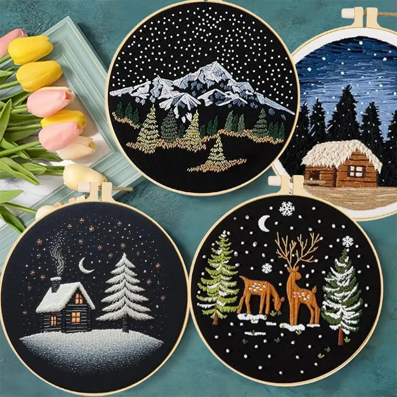 4Pcs DIY Embroidery Kit Winter Mountain House Artwork Sewing Supplies Hoop Deer Animal Needle Arts And Craft Handmade Gift