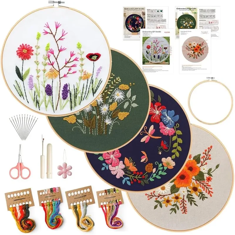 4 Packs Embroidery kit for Beginners with Hoop DIY Cross Stitch Set with Flower Stamped Patterns Needlework Sewing Art Craft
