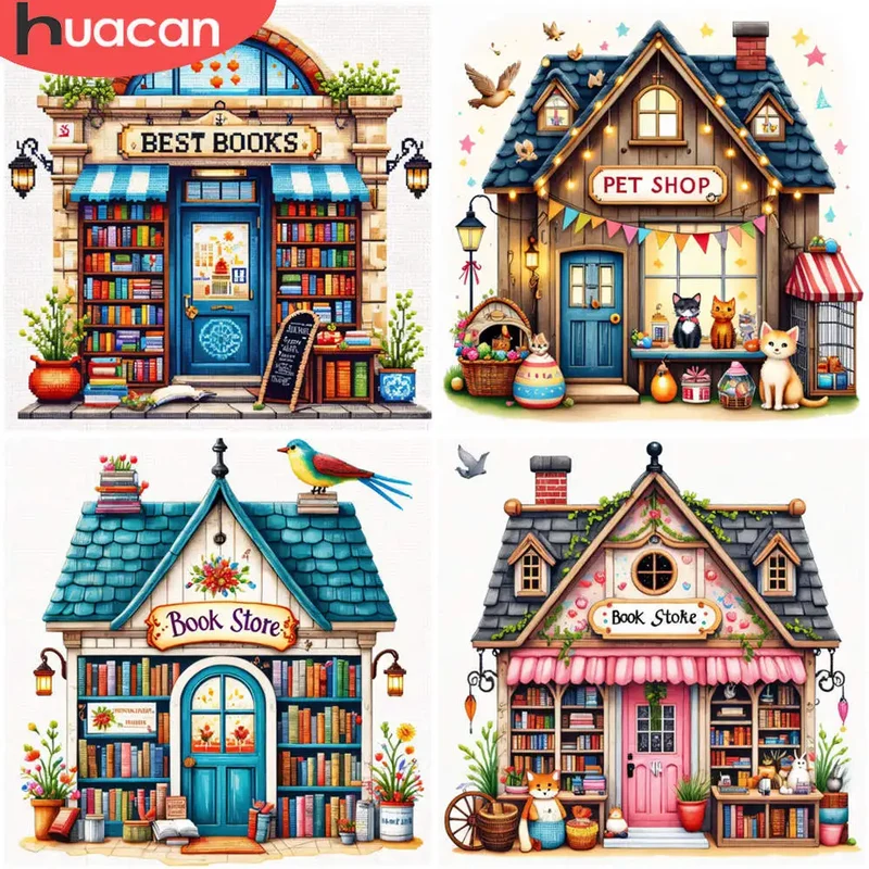 DIY Full 11CT Embroidery Cross Stitch Kit Charming Bookshop Front Pre Printed Aida Cloth Needles Threads Architecture Home Decor