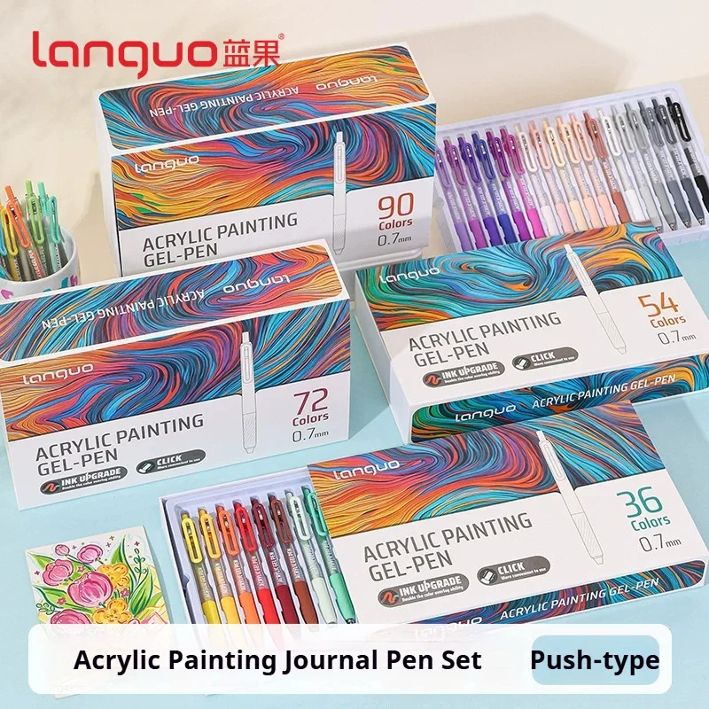 Languo Acrylic Painting Gel Pen Set 36/90 Colors Retractable 0.7mm Handbook Pen Multi-Color Student Writing Drawing Marker Pens