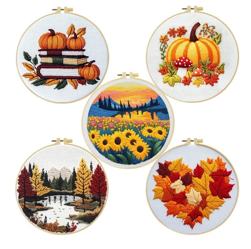 Autumn scenery DIY Embroidery Starter Kit For Adult Handcraft With 20CM Embroidered Hoop Cross Stitch Set