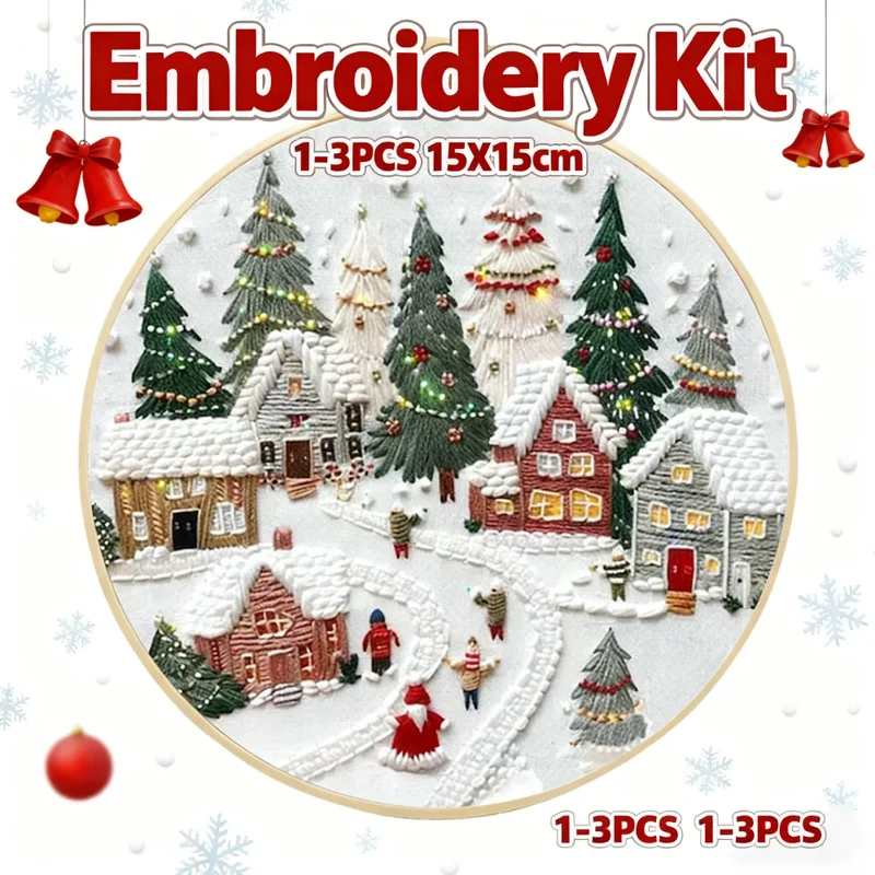 1-3Pcs Christmas Cross Stitch DIY Embroidery Kit Christmas Scene Includes Embroidery Hoop Embroidery Cloth Threads Needles
