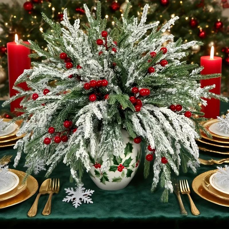 36pcs - Green Christmas Artificial Plant Norfolk Pine Branches with Red Berries - 37cm Realistic Faux Pine Garland, Dense Green Needles and Snow Cover, Suitable for Christmas Wreaths, Vase Fillers, Home Decor - Durable Plasti