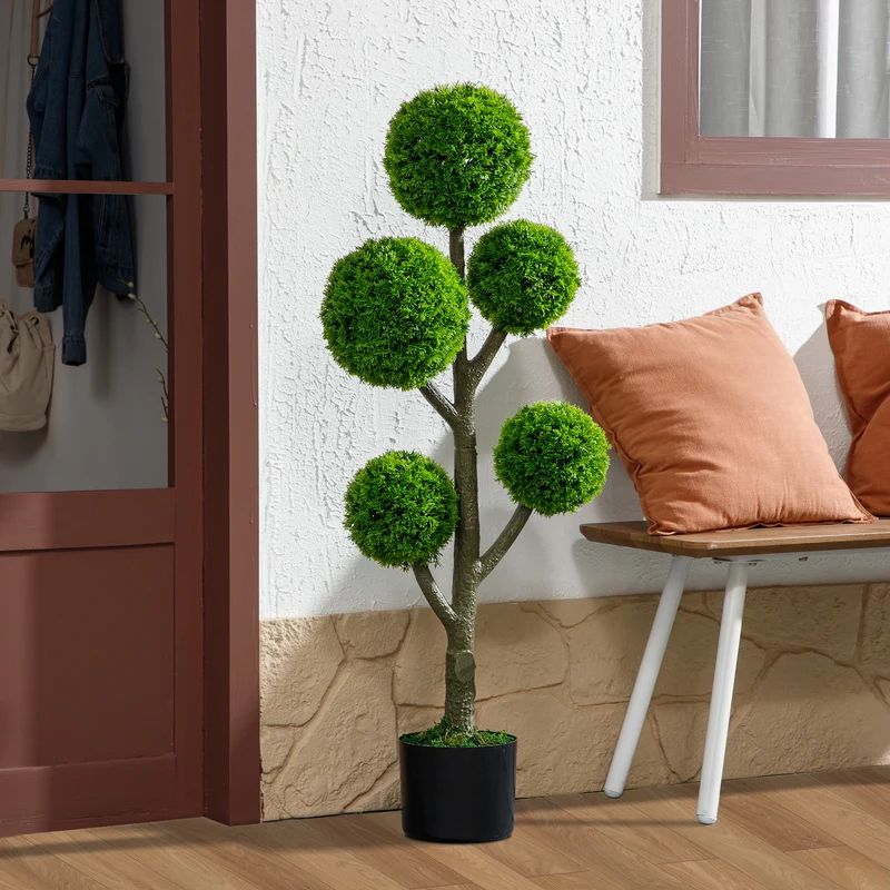 HOMCOM Decorative Artificial Plant, Topiary Five-ball Cypress Tree in Pot, Fake Plant for Home Indoor outdoor Decor, 43.3 Inch, Green