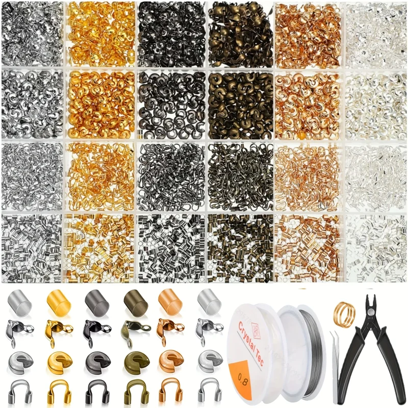 DIY Jewelry Kit - 1800pcs Brass Findings: Crimp Beads, Wire Guardians, Tubes, Bead Tips, Knot Covers (Assorted Colors)