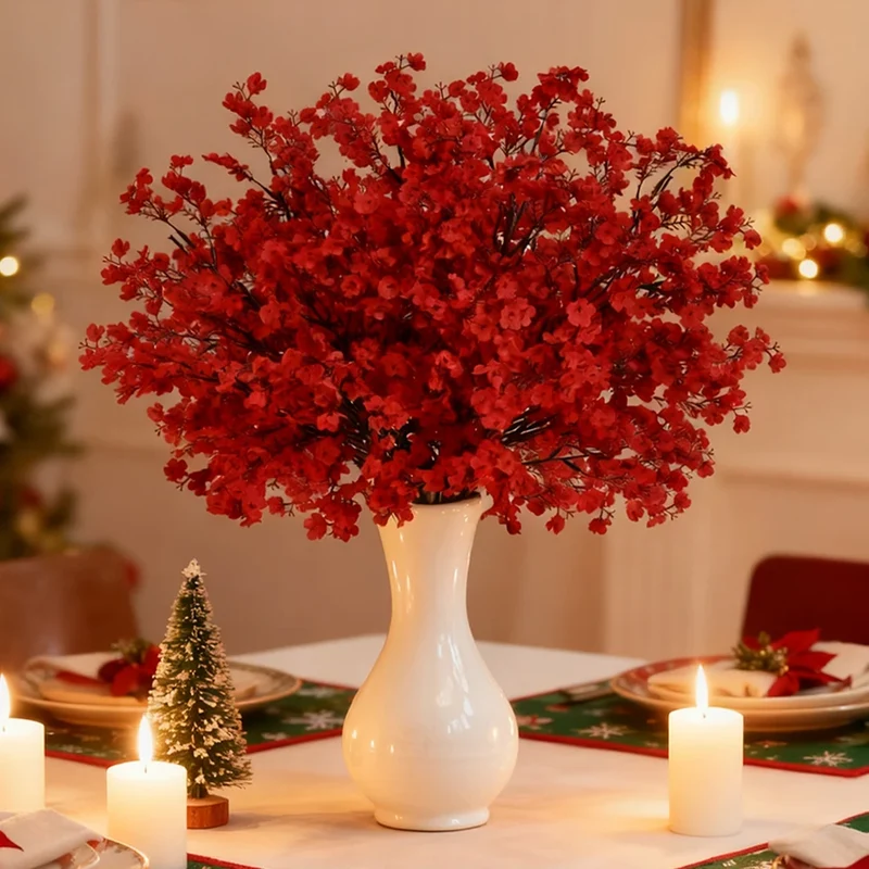 5Pcs Red Babys Breath Artificial Flowers Fake Gypsophila Bouquets for Home Wedding Table New Year Party Christmas Decorations