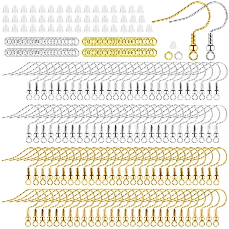 600 Pcs Earring Making Kit, Fish Earring Hooks + Metal Jump Rings + Clear Silicone Earring Backs Stoppers for Jewelry Making