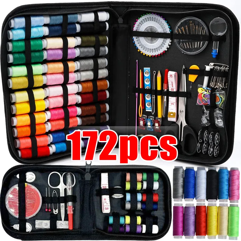 172/12767/27pcs/set Sewing Kit with Threads Needles Scissors Tape Measure Buttons Storage Bag Portable Travel Sewing Box Tools
