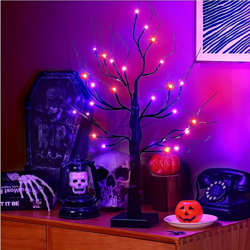 1pc 2FT Orange And Purple Lighting Halloween Decorative Tree Lights With Timer 24 LED Branch Tree Lights In Total, USB And Battery Powered, Artificial Black Desktop Ghost Tree Lights, Indoor Home Party Decoration