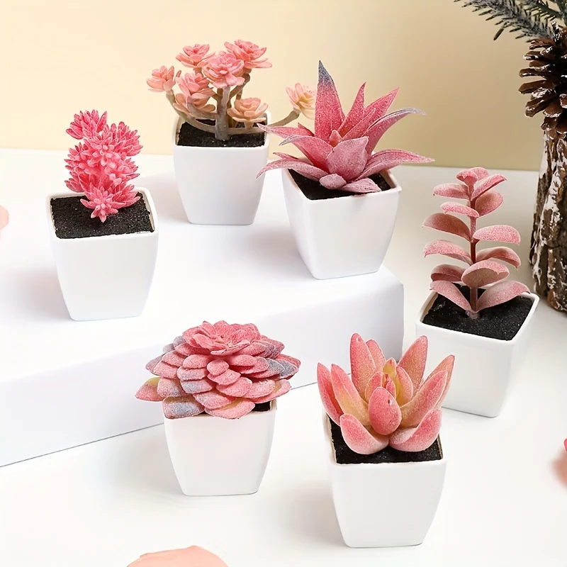6pcs Mini Artificial Succulent Plants with White Ceramic Pots - Realistic, Low-Maintenance, and Space-Saving Decor for Desktop, Window, and Bookshelf - Perfect for Home, Office, and Indoor Decorations