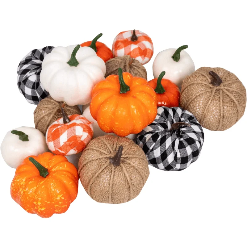 8pcs Festive Fall Decor - Artificial Pumpkins with Burlap, Plaid, and Foam for Halloween, Thanksgiving, and Autumn Season