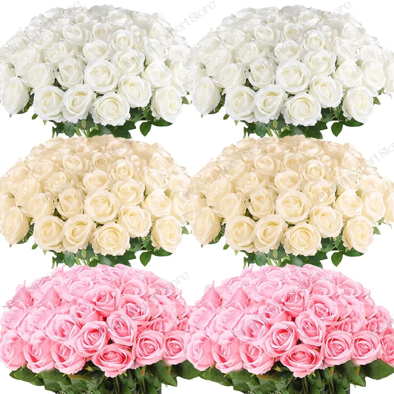 120-500PCS Artificial Rose Flower Velvet White Rose Faux Rose Stems Bulk Wedding Decorations for Party Wedding Birthday