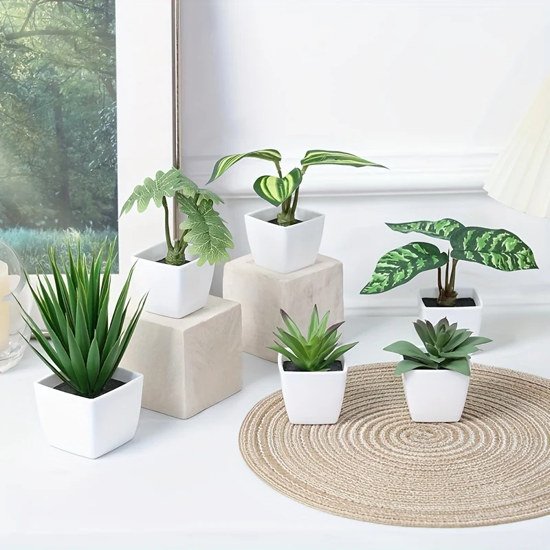 6pcs/set Mini Artificial Greenery Potted Plants, Fake Succulent Green Plants, Suitable For Nordic Indoor Office Desktop Decor, Spring Home Decor, St Patrick's Day Easter Decor, Aesthetic Room Décor